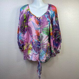 Womens Expressive Floral Print Sheer Blouse Purple Blue Green Size Large